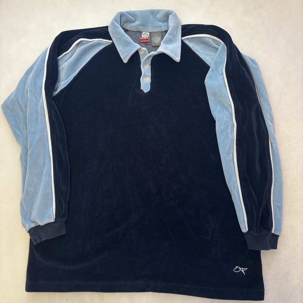 Vintage OP Ocean Pacific Velour 70s BLUE  Surf Stripe Rugby Polo Shirt XL 90s